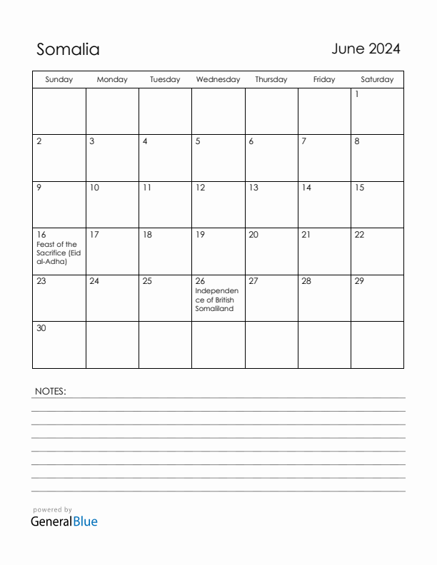 June 2024 Somalia Calendar with Holidays (Sunday Start)