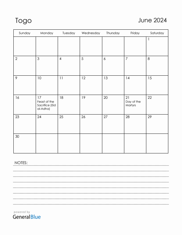June 2024 Togo Calendar with Holidays (Sunday Start)