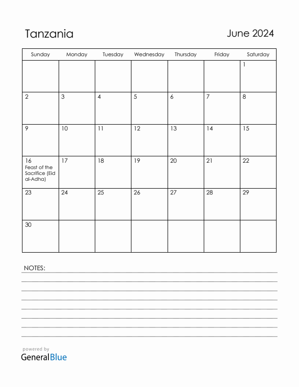 June 2024 Tanzania Calendar with Holidays (Sunday Start)