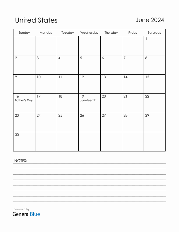 June 2024 United States Calendar with Holidays (Sunday Start)