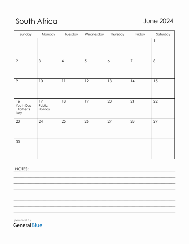 June 2024 South Africa Calendar with Holidays (Sunday Start)