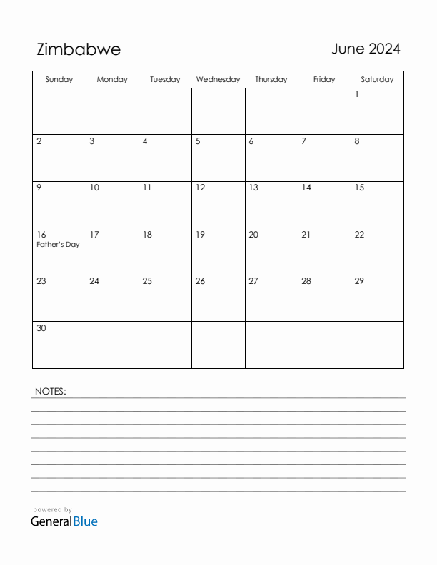 June 2024 Zimbabwe Calendar with Holidays (Sunday Start)