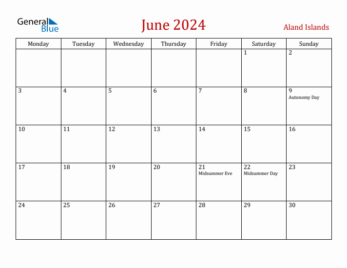 Aland Islands June 2024 Calendar - Monday Start