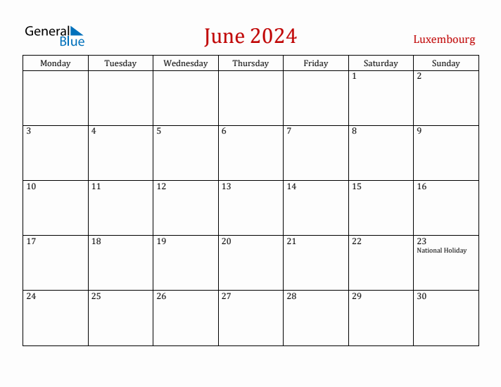 Luxembourg June 2024 Calendar - Monday Start