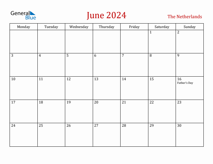 The Netherlands June 2024 Calendar - Monday Start