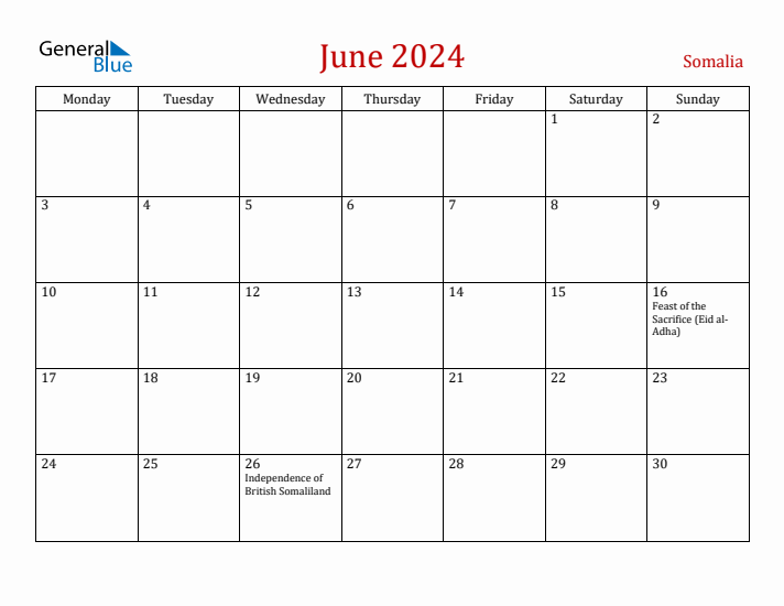 Somalia June 2024 Calendar - Monday Start