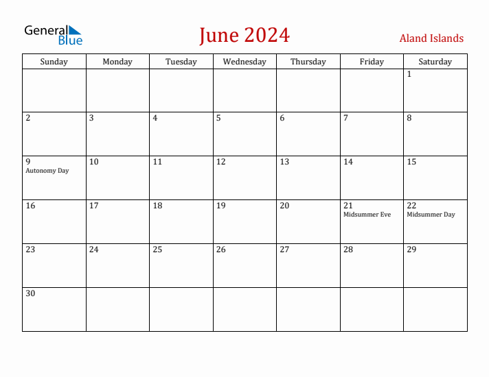 Aland Islands June 2024 Calendar - Sunday Start