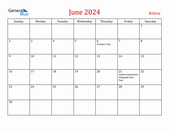 Bolivia June 2024 Calendar - Sunday Start