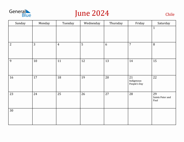 Chile June 2024 Calendar - Sunday Start