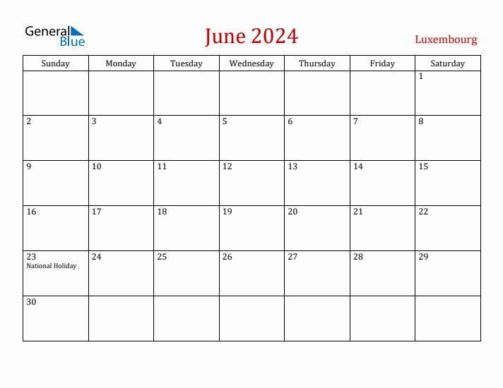 Luxembourg June 2024 Calendar - Sunday Start