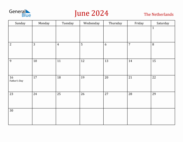 The Netherlands June 2024 Calendar - Sunday Start