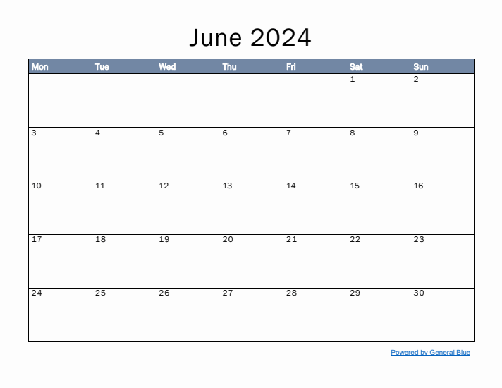 June 2024 Simple Month Calendar Template