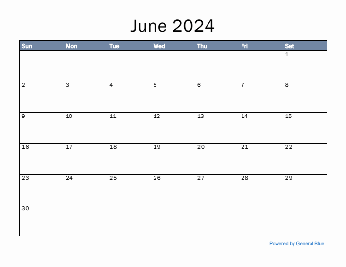 June 2024 Simple Month Calendar Template