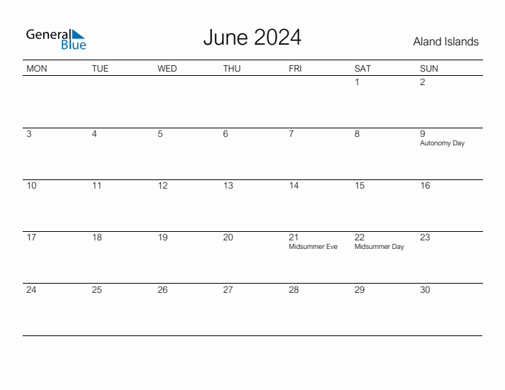 Printable June 2024 Calendar for Aland Islands