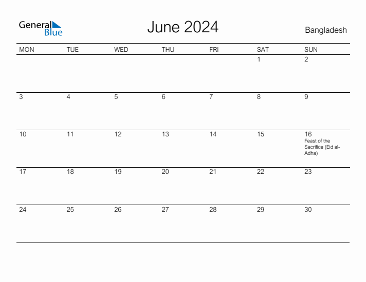 Printable June 2024 Calendar for Bangladesh