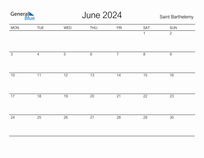 Printable June 2024 Calendar for Saint Barthelemy