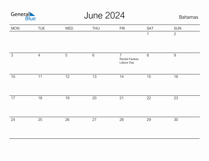 Printable June 2024 Calendar for Bahamas