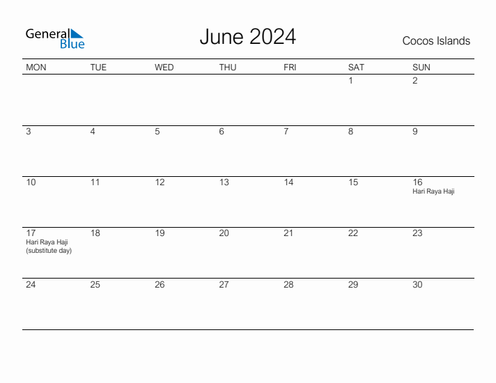 Printable June 2024 Calendar for Cocos Islands