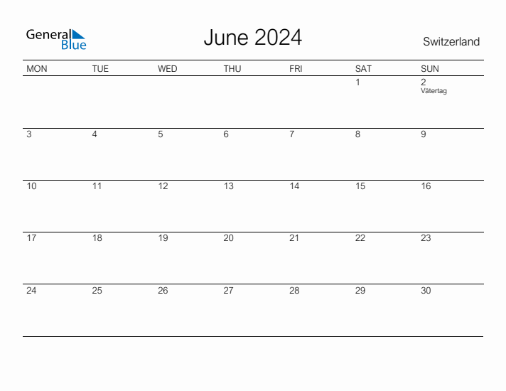 Printable June 2024 Calendar for Switzerland