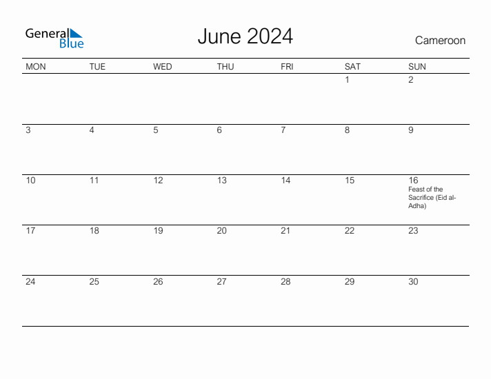 Printable June 2024 Calendar for Cameroon