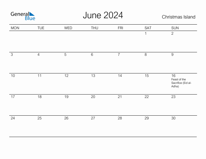 Printable June 2024 Calendar for Christmas Island