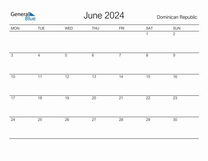 Printable June 2024 Calendar for Dominican Republic