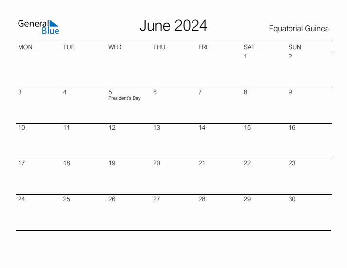 Printable June 2024 Calendar for Equatorial Guinea