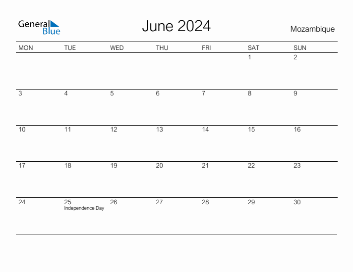 Printable June 2024 Calendar for Mozambique