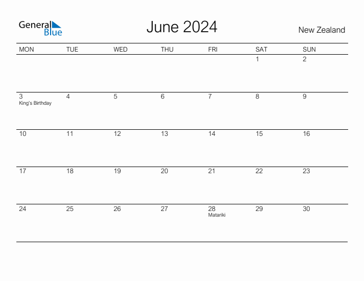 Printable June 2024 Calendar for New Zealand