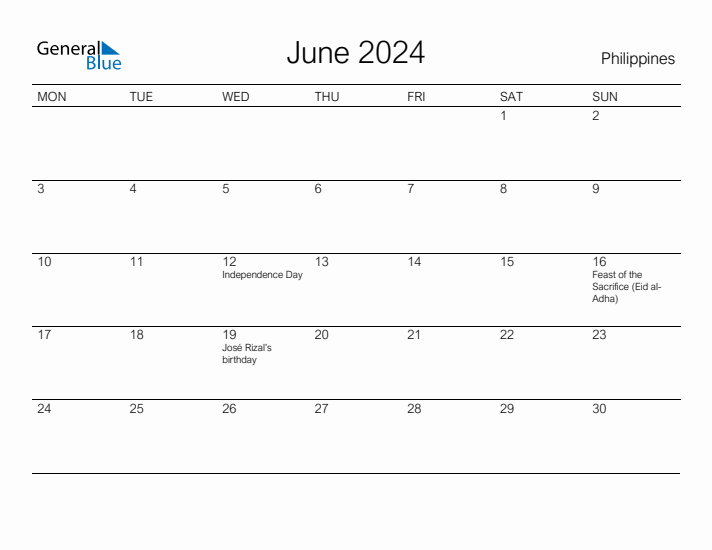 Printable June 2024 Calendar for Philippines