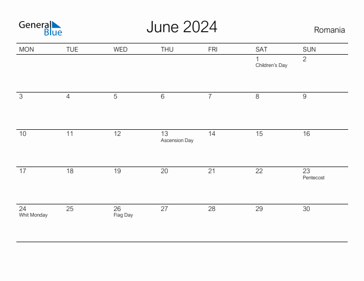 Printable June 2024 Calendar for Romania