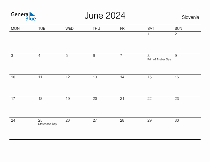 Printable June 2024 Calendar for Slovenia