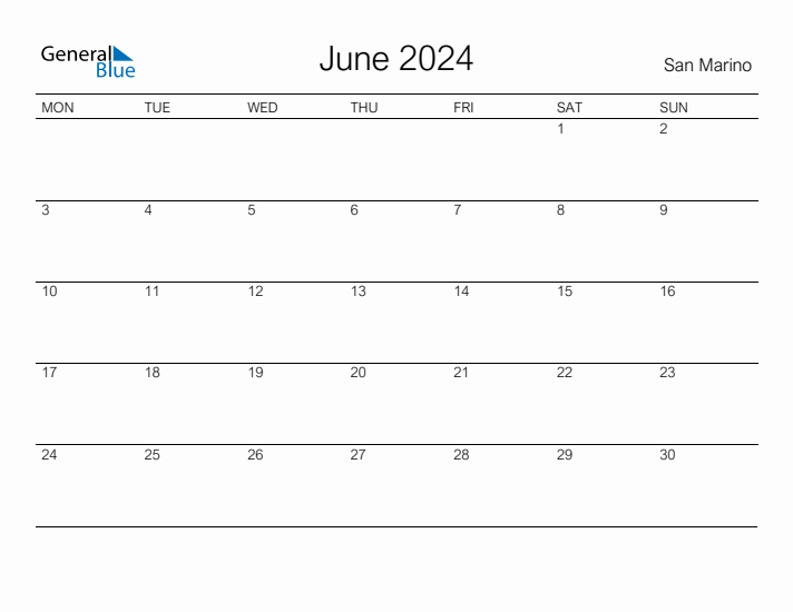 Printable June 2024 Calendar for San Marino