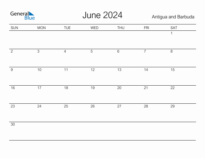 Printable June 2024 Calendar for Antigua and Barbuda