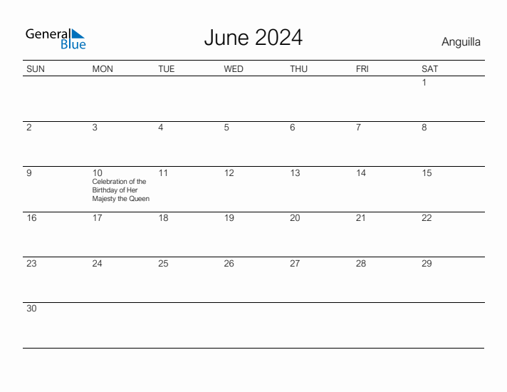 Printable June 2024 Calendar for Anguilla