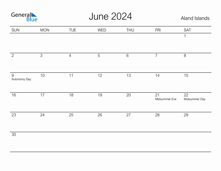 Printable June 2024 Calendar for Aland Islands