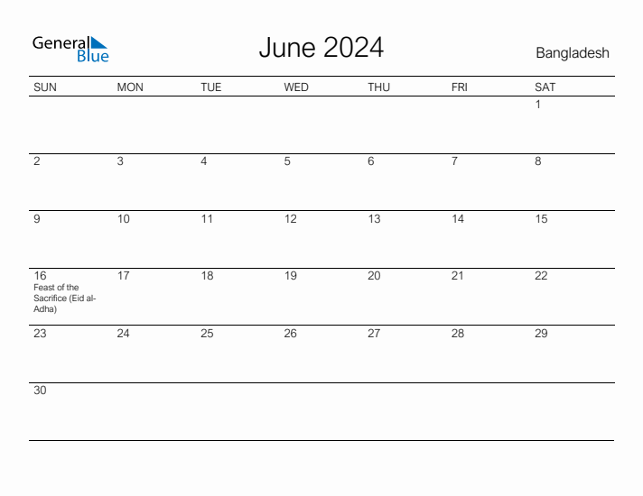 Printable June 2024 Calendar for Bangladesh