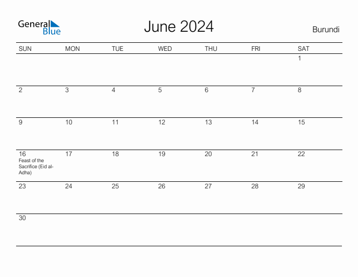 Printable June 2024 Calendar for Burundi