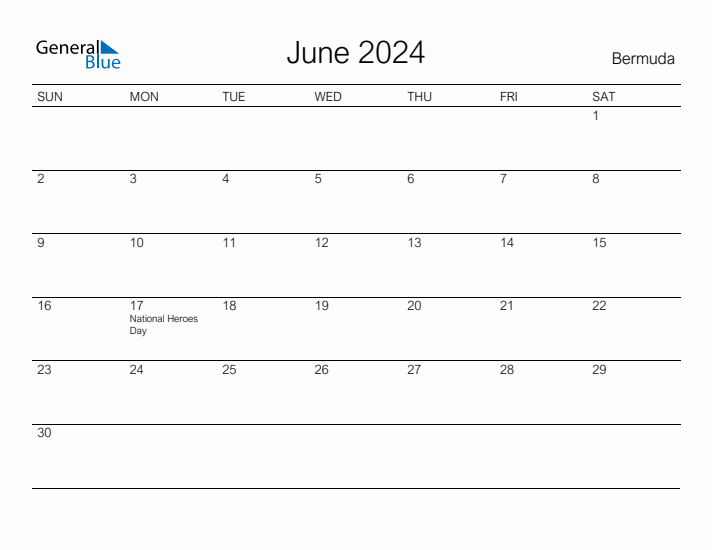 Printable June 2024 Calendar for Bermuda