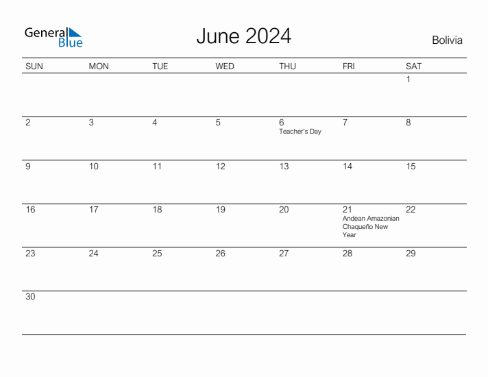 Printable June 2024 Calendar for Bolivia