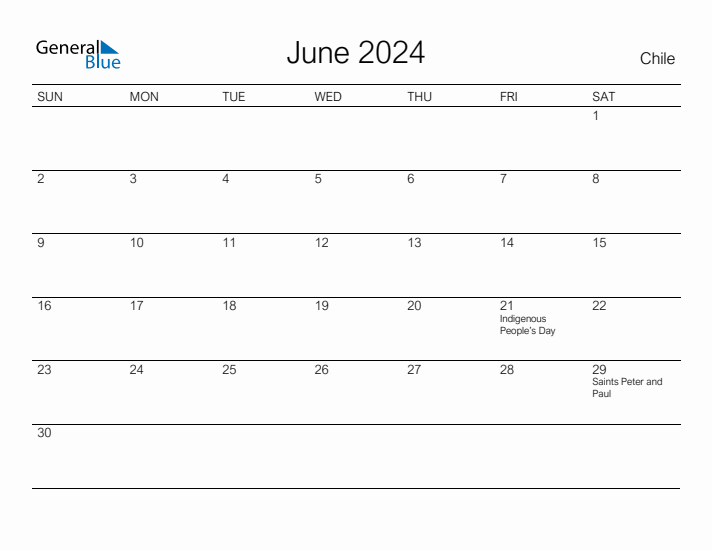 Printable June 2024 Calendar for Chile