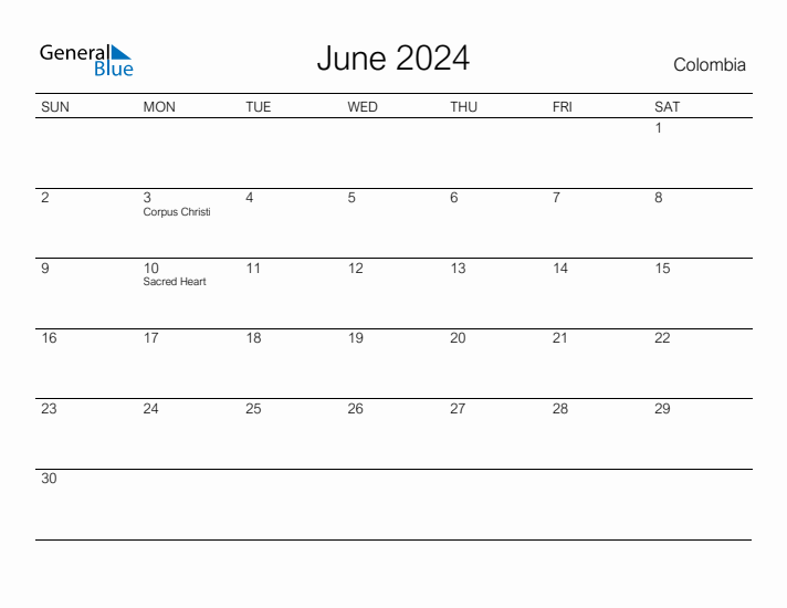 Printable June 2024 Calendar for Colombia