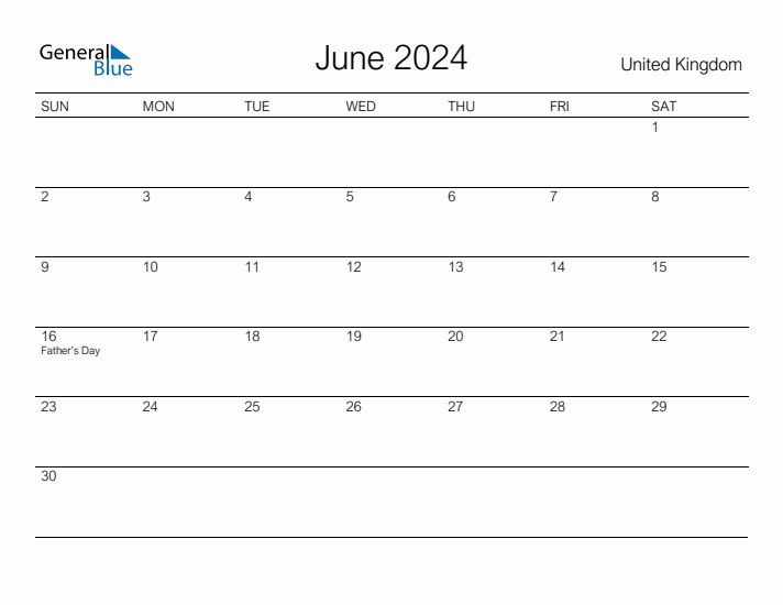 Printable June 2024 Calendar for United Kingdom