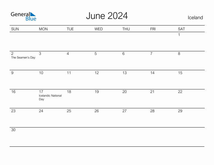 Printable June 2024 Calendar for Iceland