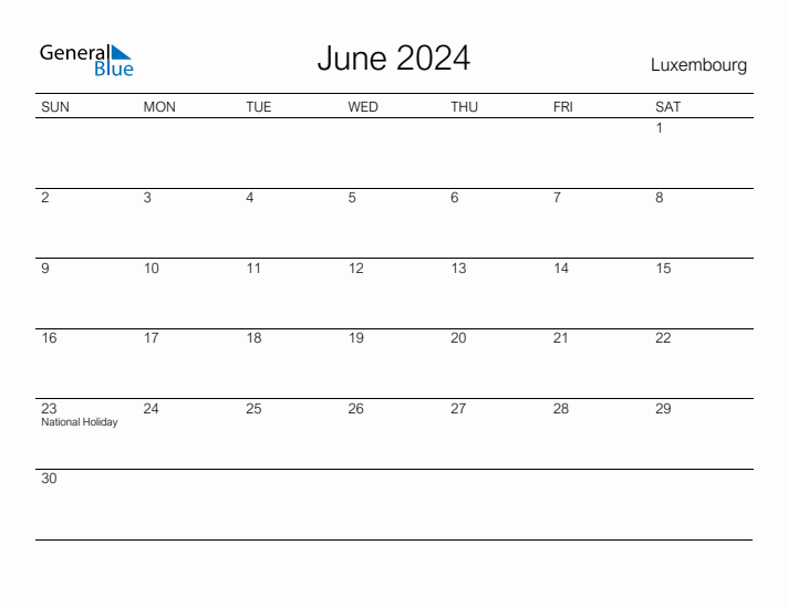 Printable June 2024 Calendar for Luxembourg