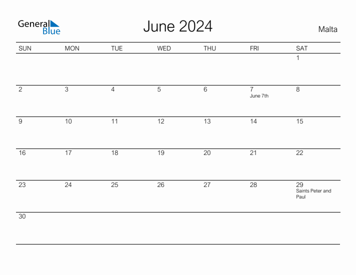 Printable June 2024 Calendar for Malta