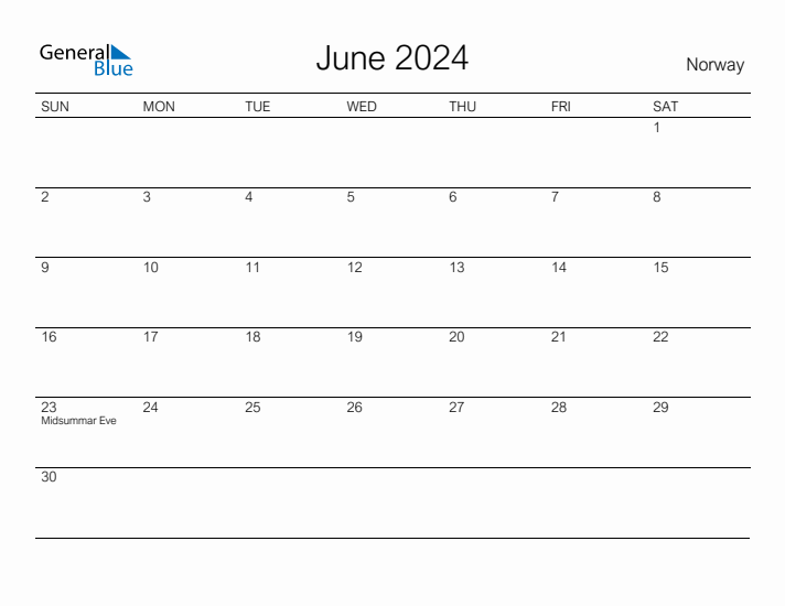 Printable June 2024 Calendar for Norway