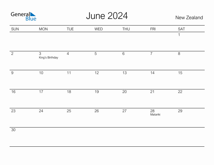 Printable June 2024 Calendar for New Zealand