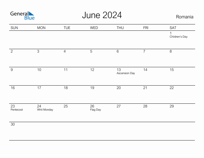 Printable June 2024 Calendar for Romania