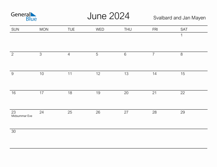 Printable June 2024 Calendar for Svalbard and Jan Mayen